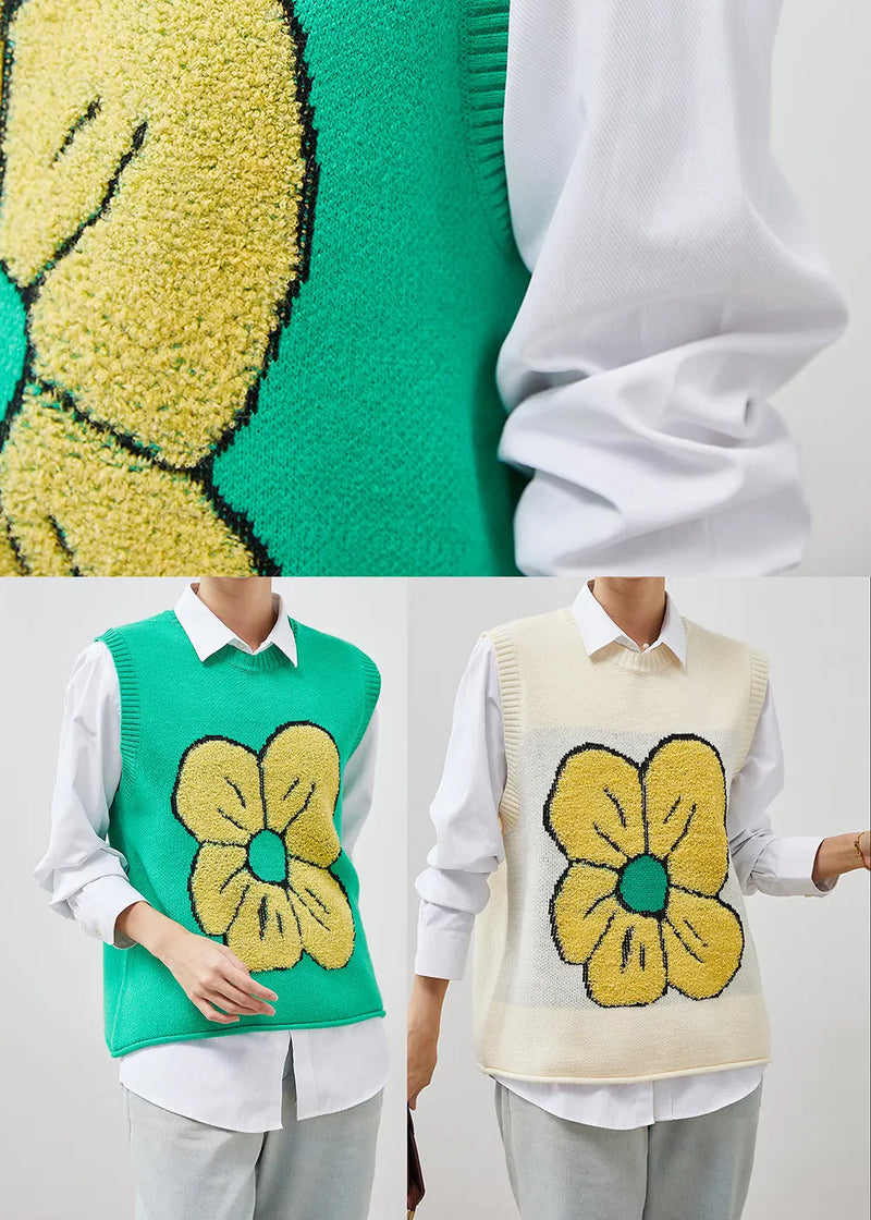 Green Jacquard Knit Vest Tops Spring
