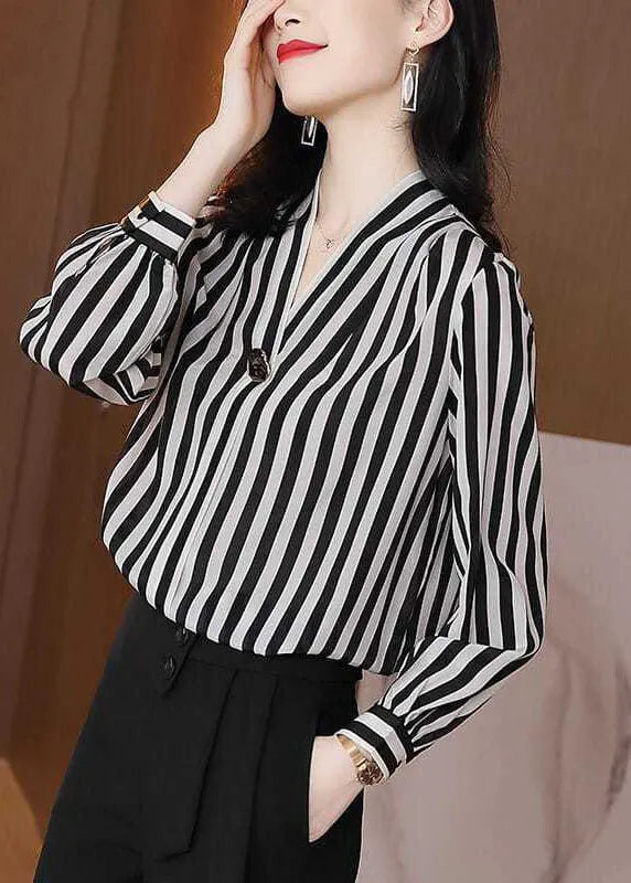 Black V Neck Striped Patchwork Silk Shirt Tops Spring