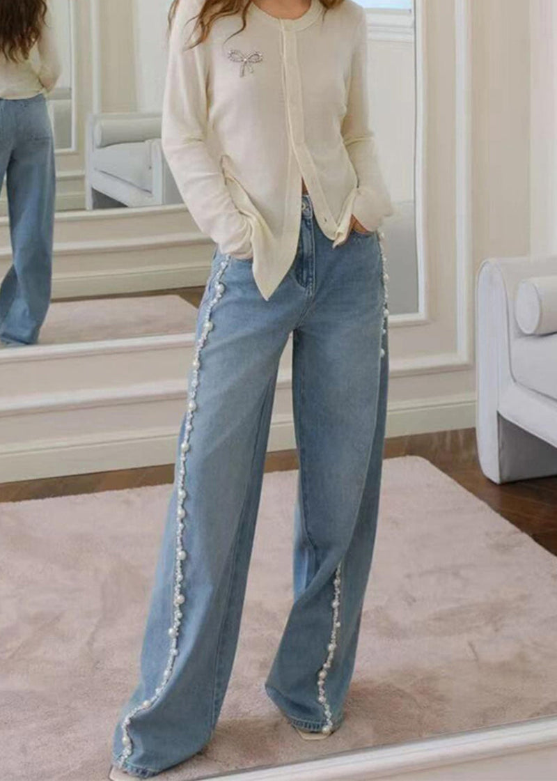 Blue Nail Bead Denim Wide Leg Pants Spring