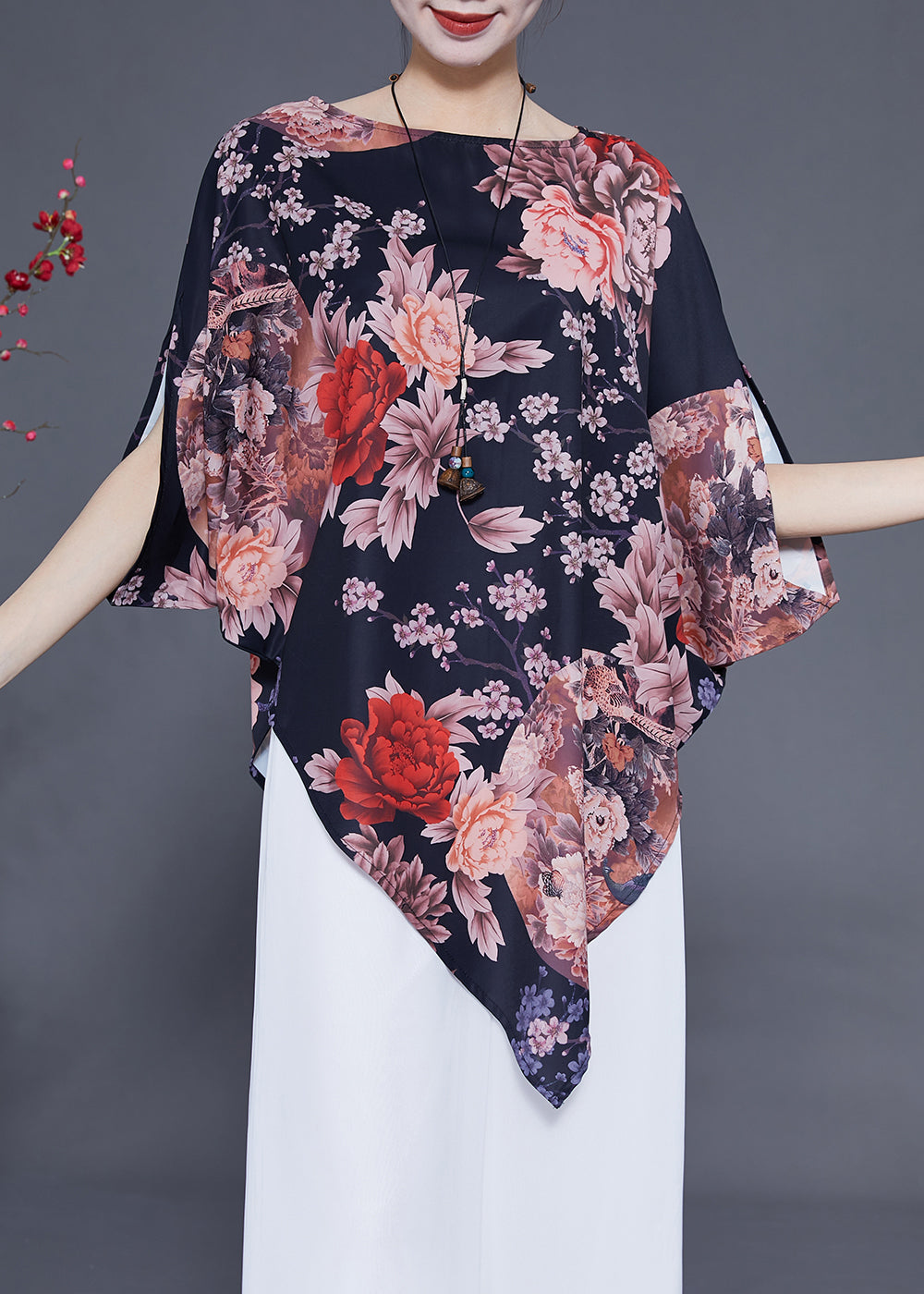 Black Asymmetrical Design Print Silk Top Summer