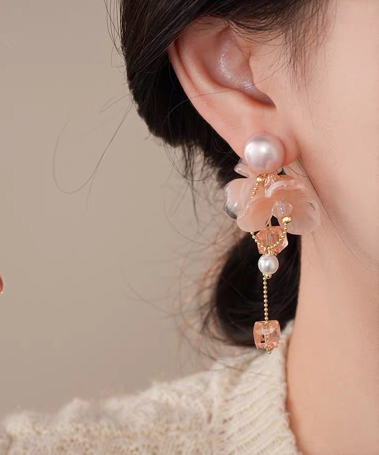 Pink Sterling Silver Overgild Crystal Pearl Tassel Drop Earrings