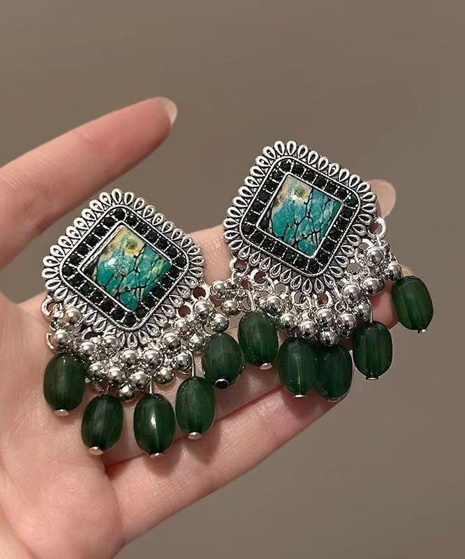 Green Geometric Tassel Silver Plated Drop Earrings
