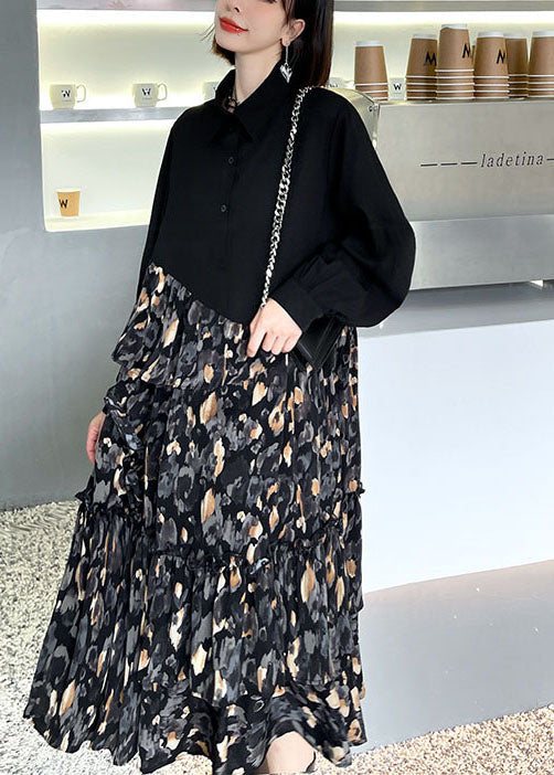 Classy Black Patchwork Button a Line Fall Long Sleeve Shirts Dress