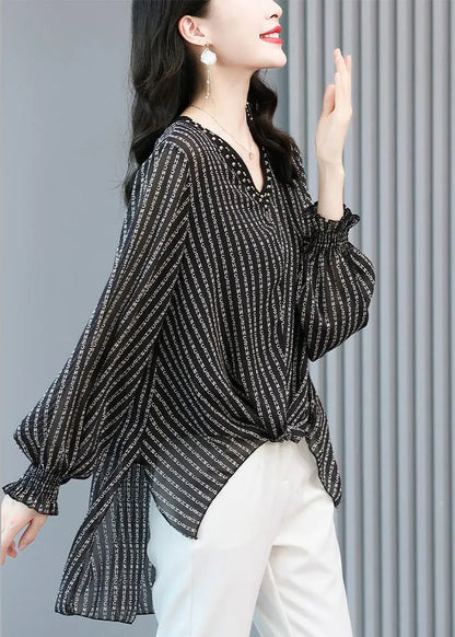 Black V Neck Striped Side Open Low High Design Chiffon Shirts Long Sleeve