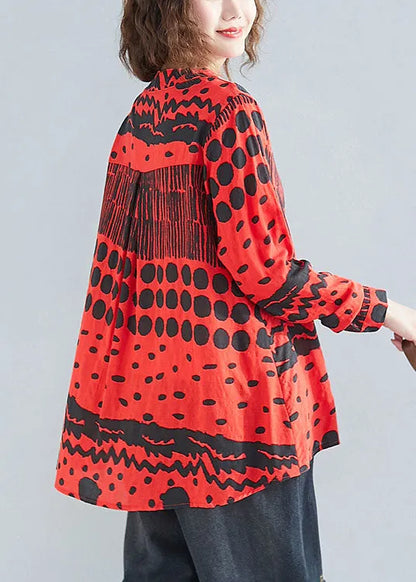Red O-neck Button Print Pockets Fall Blouses Long Sleeve