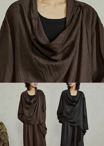 Coffee Shirt Flare Sleeve Patchwork Tie Waist