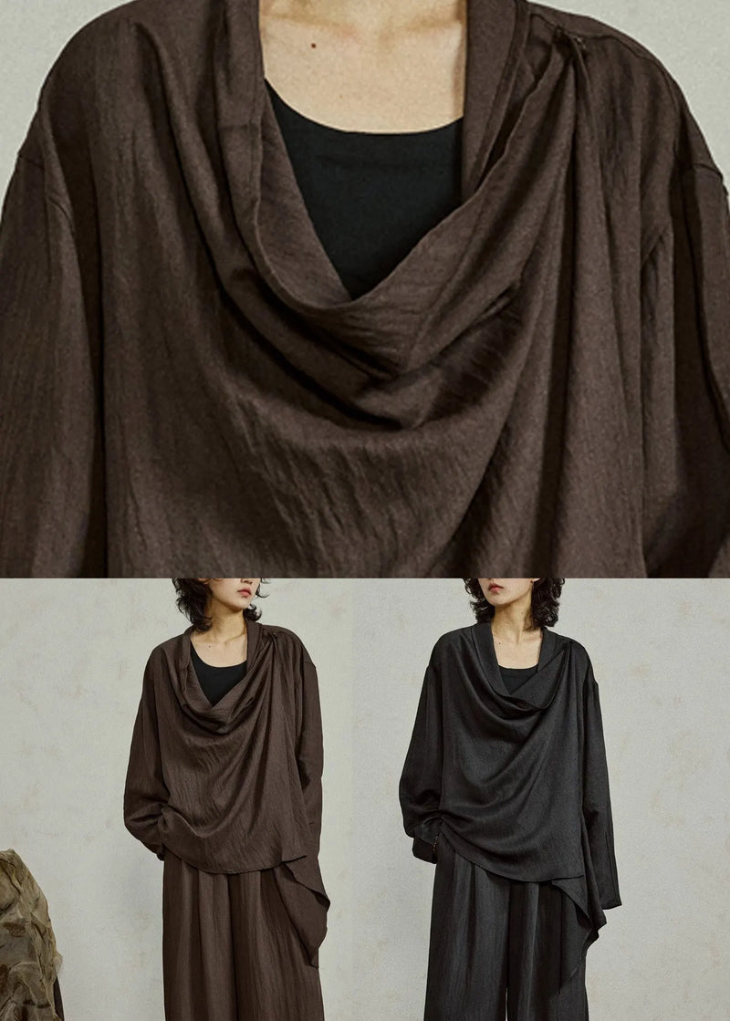Coffee Shirt Flare Sleeve Patchwork Tie Waist