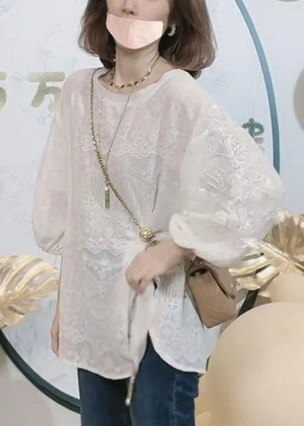 French White O-neck Nail Bead Embroideried Lace Shirt Top Bracelet Sleeve