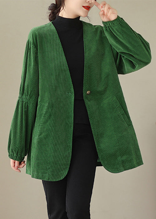 Green V Neck Button Pockets Corduroy Coats Fall