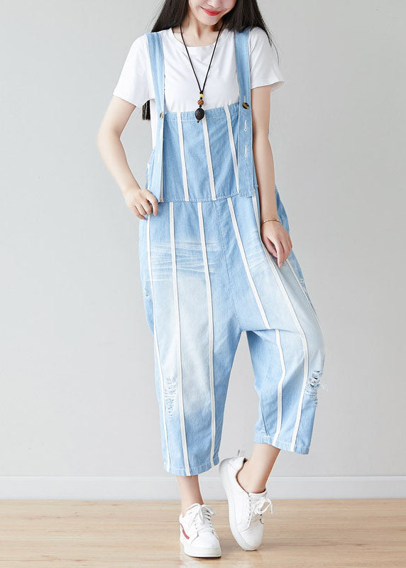 Handmade Light Blue Pockets Striped Jumpsuits Summer