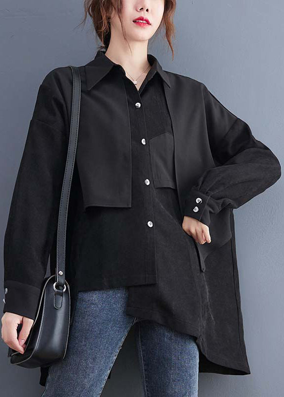 Black Asymmetrical Patchwork Cotton Blouses Fall