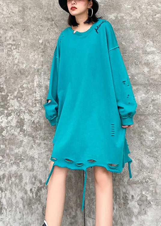 Simple Blue O-neck Loose Hole Fall Sweatshirt Street Wear