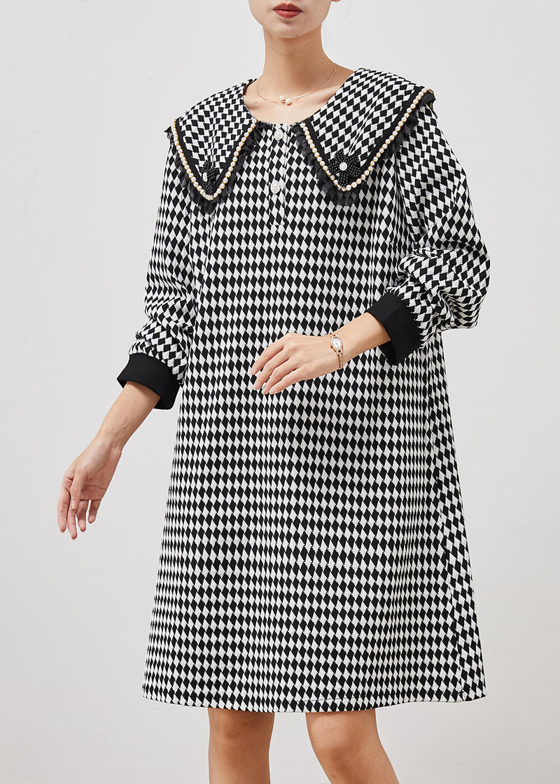 Black White Plaid Sailor Collar Cotton Dress Spring