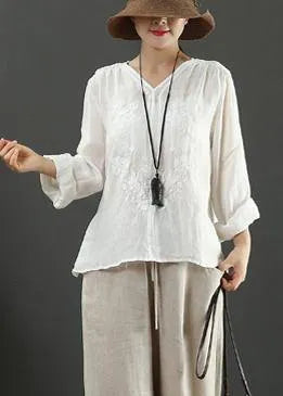 Handmade White Embroidery Shirts V Neck Box Spring Shirts