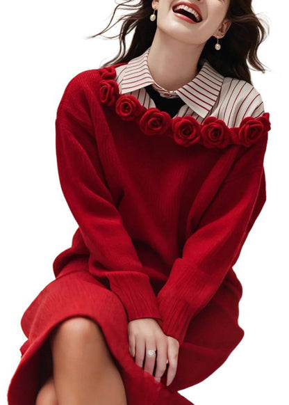 Red Slash Neck Knit Sweater Dress Fall