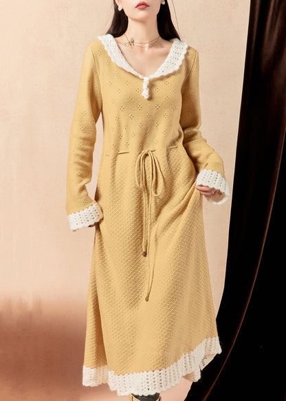 Yellow Hollow Out Lace Up Knit Long Dress Winter