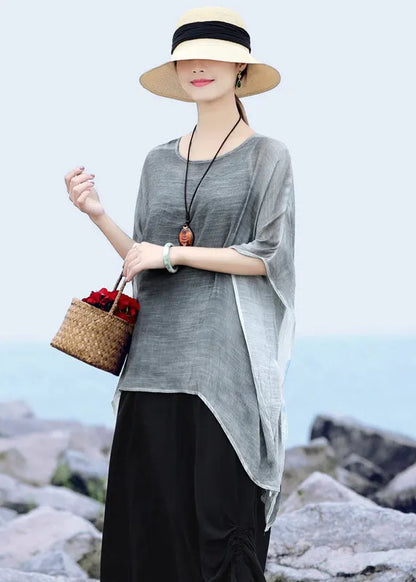 Grey Loose Linen Upf 50+ Tops Low High Design Short Sleeve