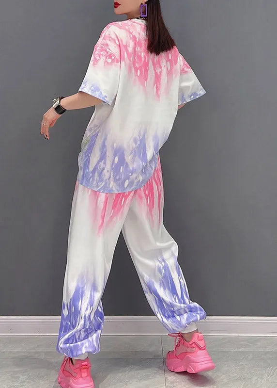 Modern Red Gradient Color O-neck Tanks and Pants Two Pieces Set Half Sleeve
