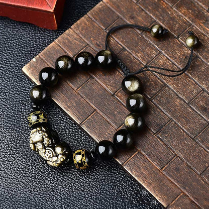 Buddha Stones Natural Gold Sheen Obsidian Pixiu Om Mani Padme Hum Wealth Braided Bracelet