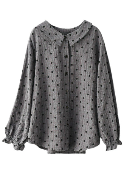 Grey Button Ruffled Dot Fall Shirt Tops Long Sleeve