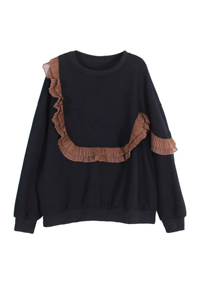 Coffee O-neck Ruffled Patchwork Cotton Sweatshirts Fall