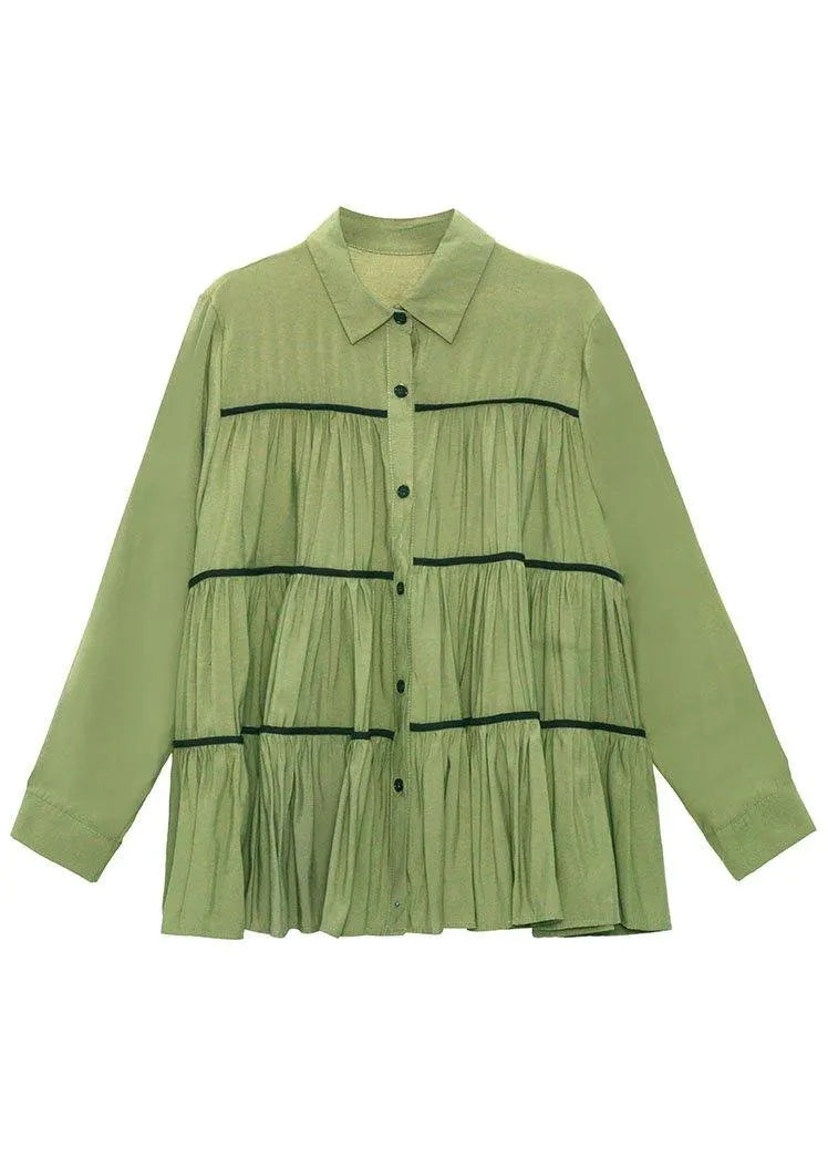 Organic Green Peterpan Collar Button Wrinkled Fall Blouses Long Sleeve