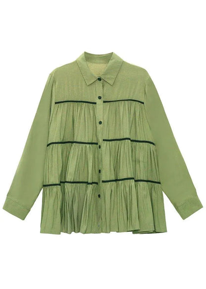 Organic Green Peterpan Collar Button Wrinkled Fall Blouses Long Sleeve