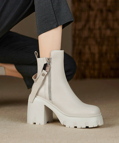 Black Zippered Splicing Cowhide Leather Chunky Heel Boots
