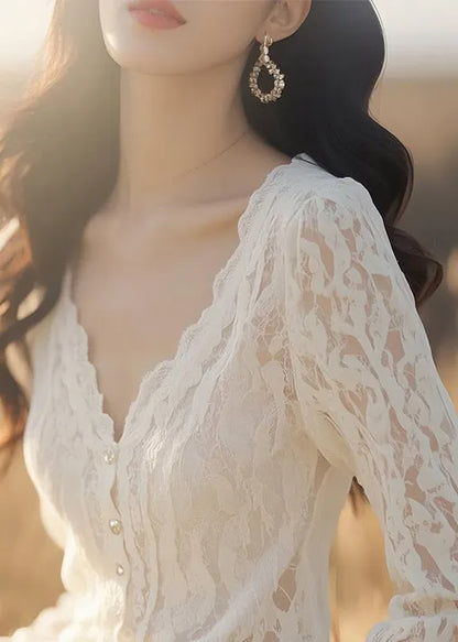 Slim Fit White V Neck Button Lace Blouses Fall