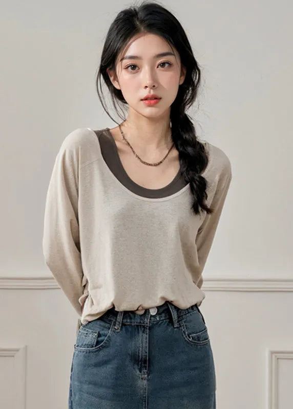 Handmade Apricot O-neck Patchwork Fake Two Pieces T Shirt Fall