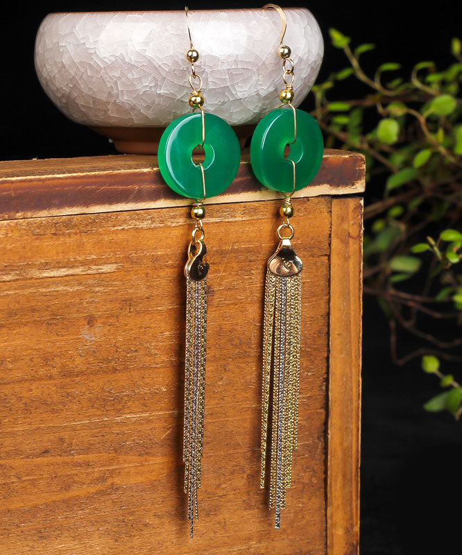 Green 14k Gold Ping Buckle Chalcedony Tassel Drop Earrings