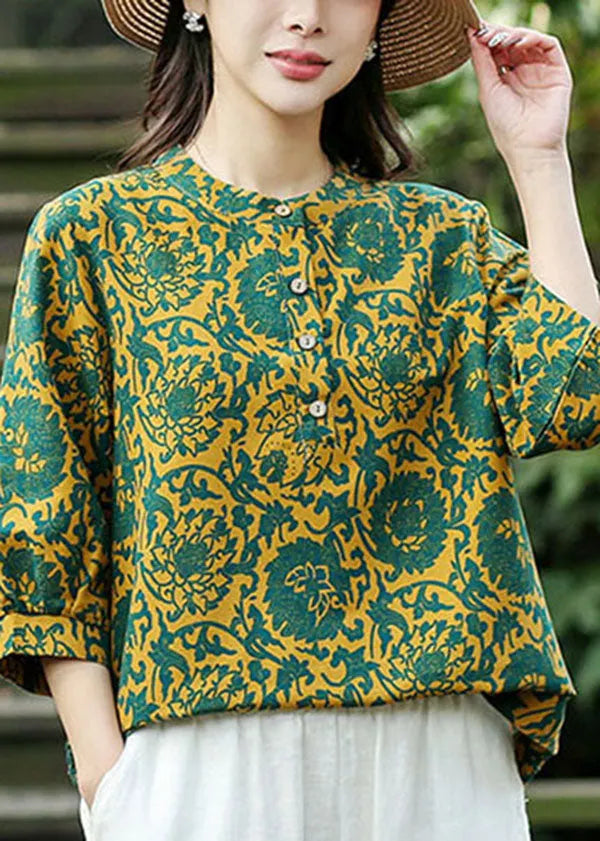 Handmade Yellow O-neck Green Print Linen Shirt Top Bracelet Sleeve
