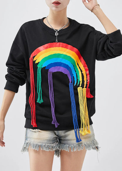 Diy Black Tasseled Rainbow Cotton Sweatshirt Tops Spring