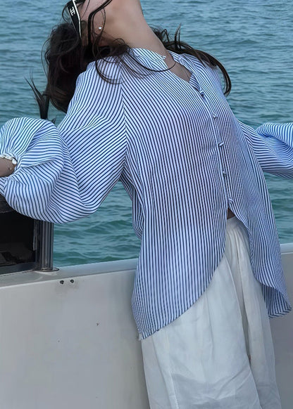 Art Blue Striped Side Open Cotton Blouses Lantern Sleeve