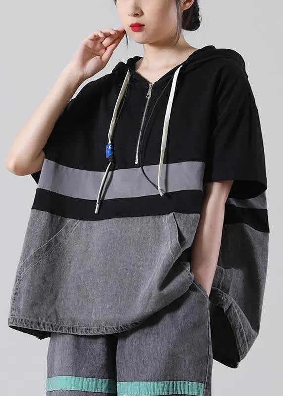 Fine Green Hooded Patchwork Cotton Blouses Summer