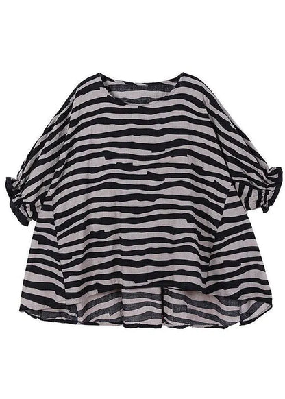 Black Loose O-neck Ruffled Fall Striped Shirt Top Half Sleeve