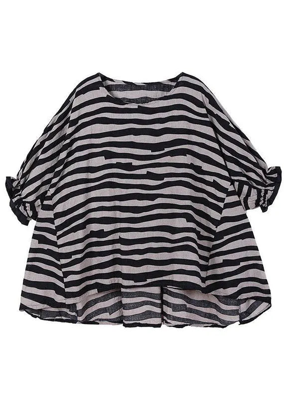 Black Loose O-neck Ruffled Fall Striped Shirt Top Half Sleeve