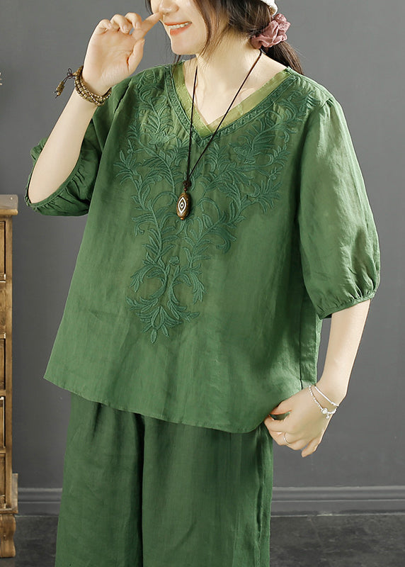 Original Orange V Neck Embroideried Tulle Patchwork Linen Top Summer