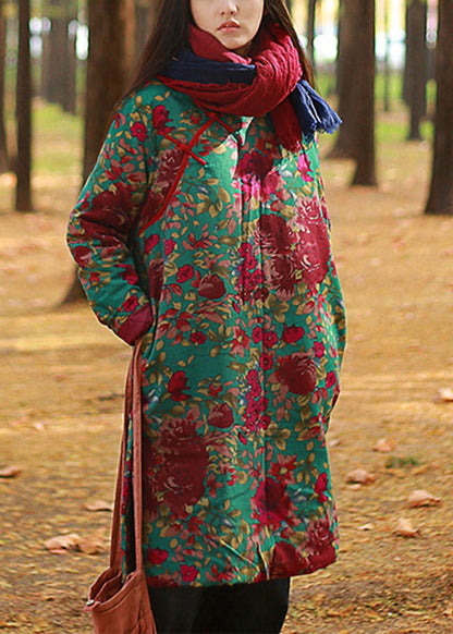 Red Print Button Pockets Cotton Filled Mid Dress Winter