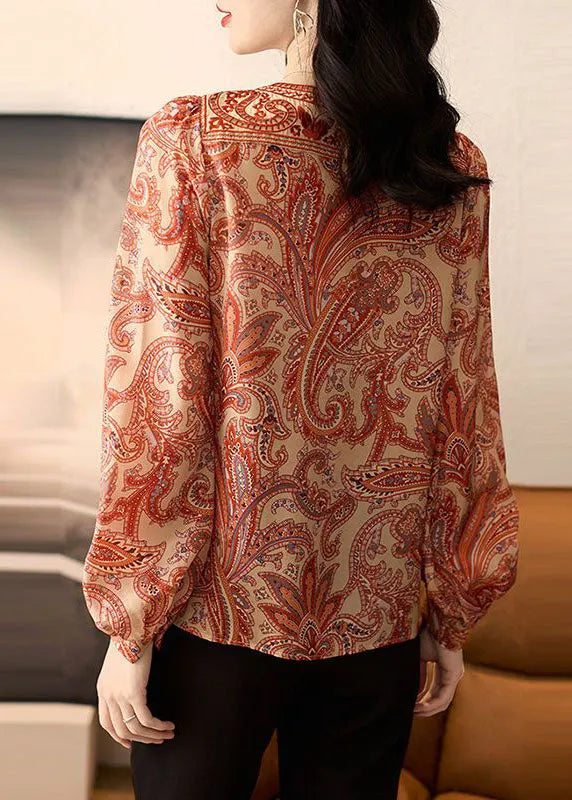Orange O Neck Print Silk Tops Puff Sleeve
