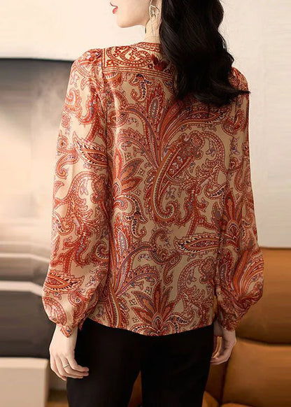 Orange O Neck Print Silk Tops Puff Sleeve