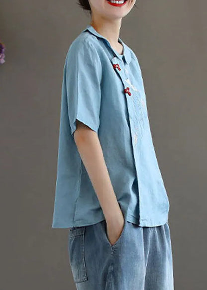 Blue Oriental Linen Shirts Button Short Sleeve