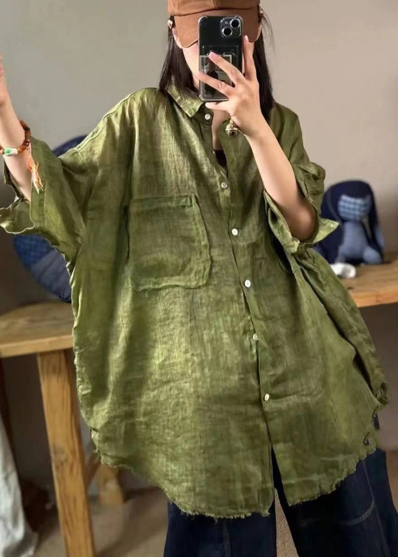 Green Peter Pan Collar Linen Shirt Tops Half Sleeve