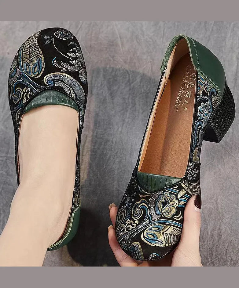 New Retro Green Embossed Chunky Heels