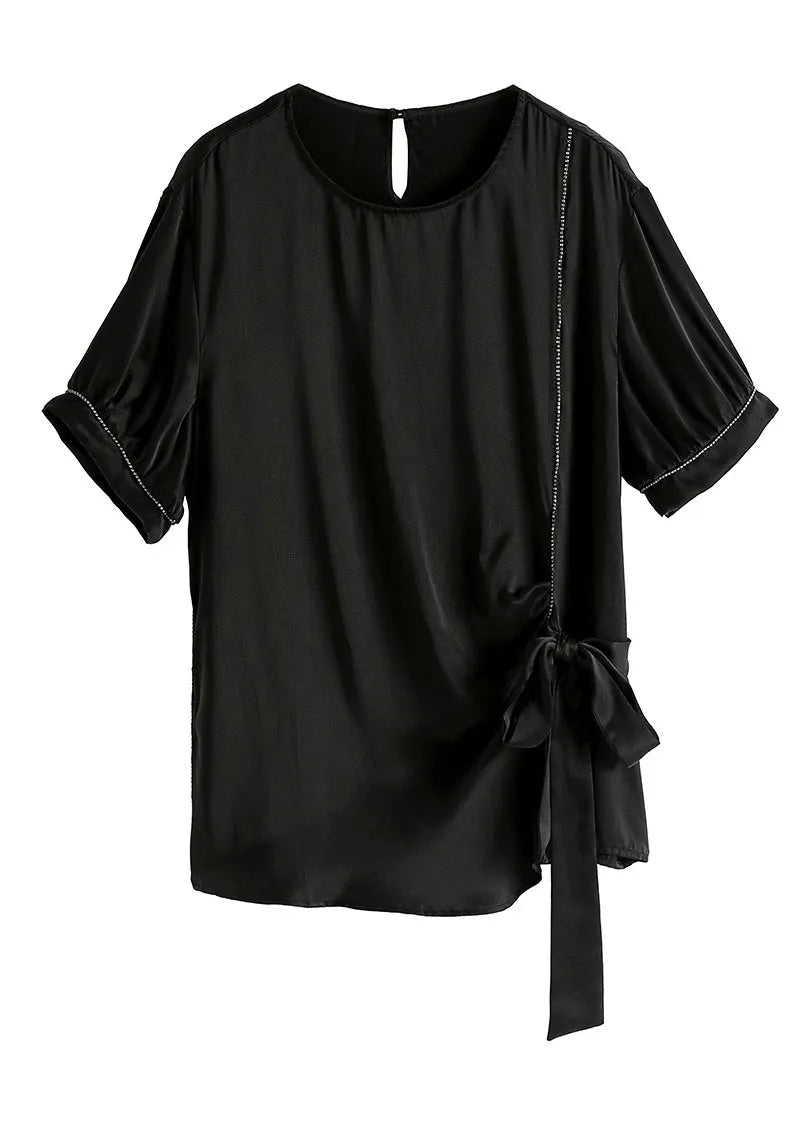 Black O-neck Drawstring Tie Waist Silk T Shirt Summer