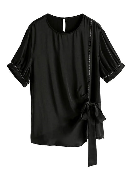 Black O-neck Drawstring Tie Waist Silk T Shirt Summer