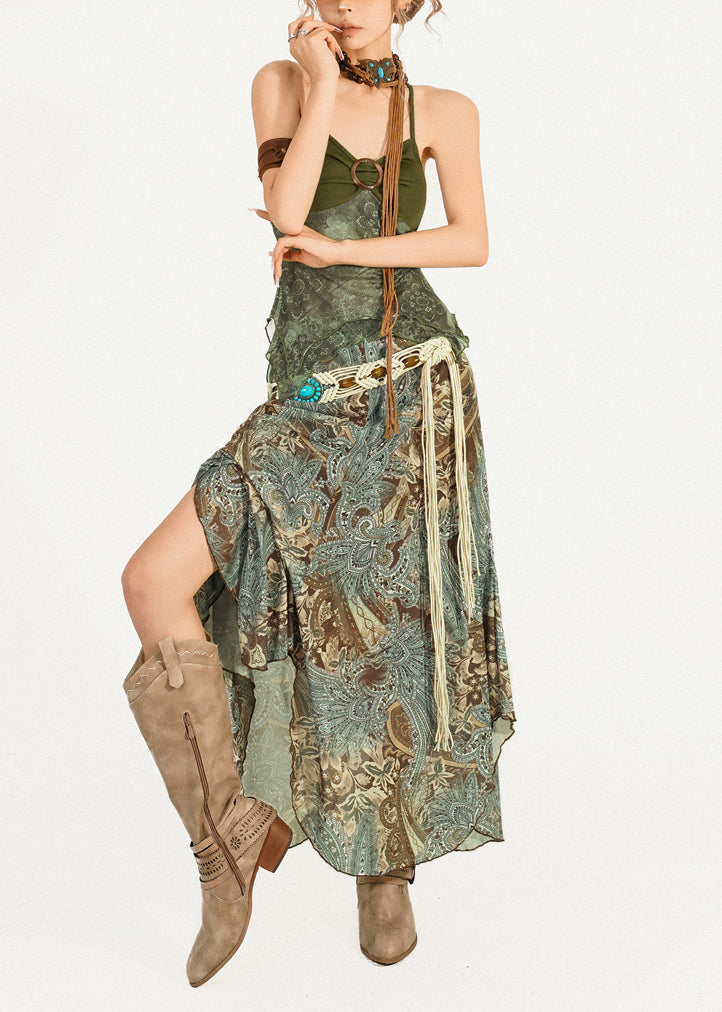 Green Print Top and Maxi Skirts Two Pieces Set Sleeveless