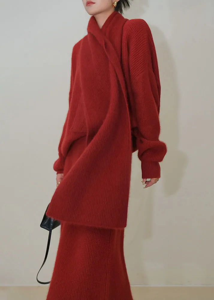 Red O-neck Patchwork Sweaters and Skirts Knit Two Pieces Set Fall