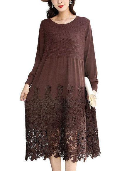 Chocolate Embroideried Patchwork Knit Long Dresses Spring