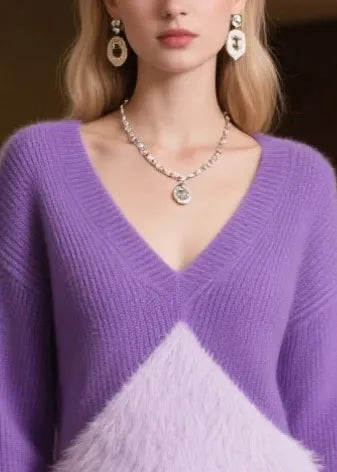 Style Purple V Neck Patchwork Faux Fur Sweaters Winter